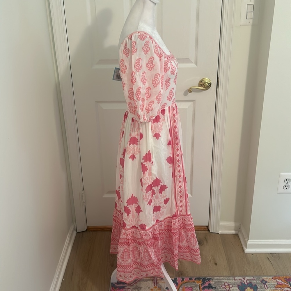Tuckernuck Oliphant Puff Sleeve Midi Dress in Jaipur Pink & White NWT Size XS - Picture 10 of 14